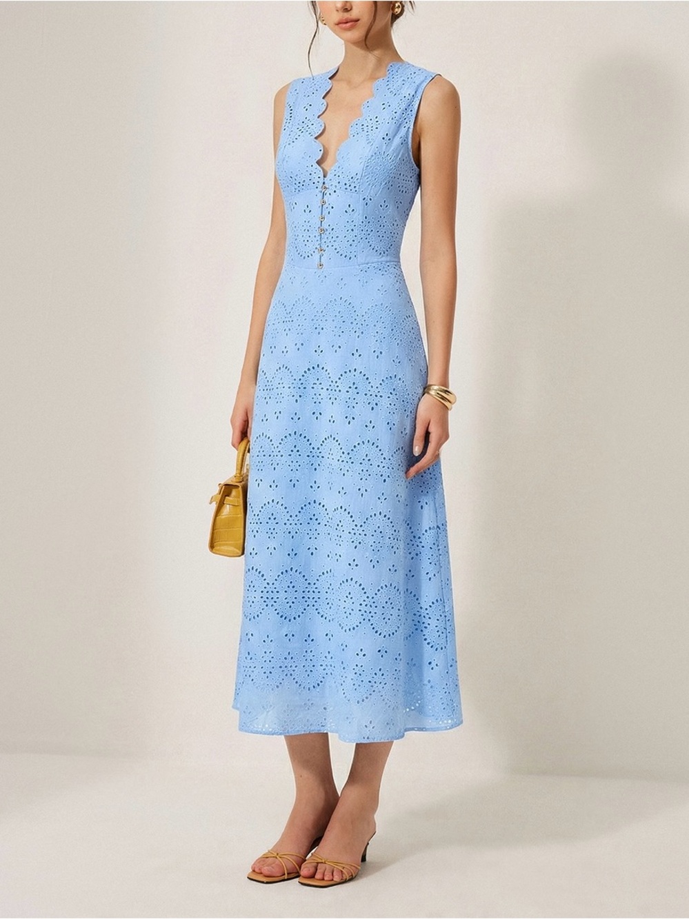 Commense Blue 100% Cotton Embroidered Eyelet Midi Dress V Neck Wedding Guest M